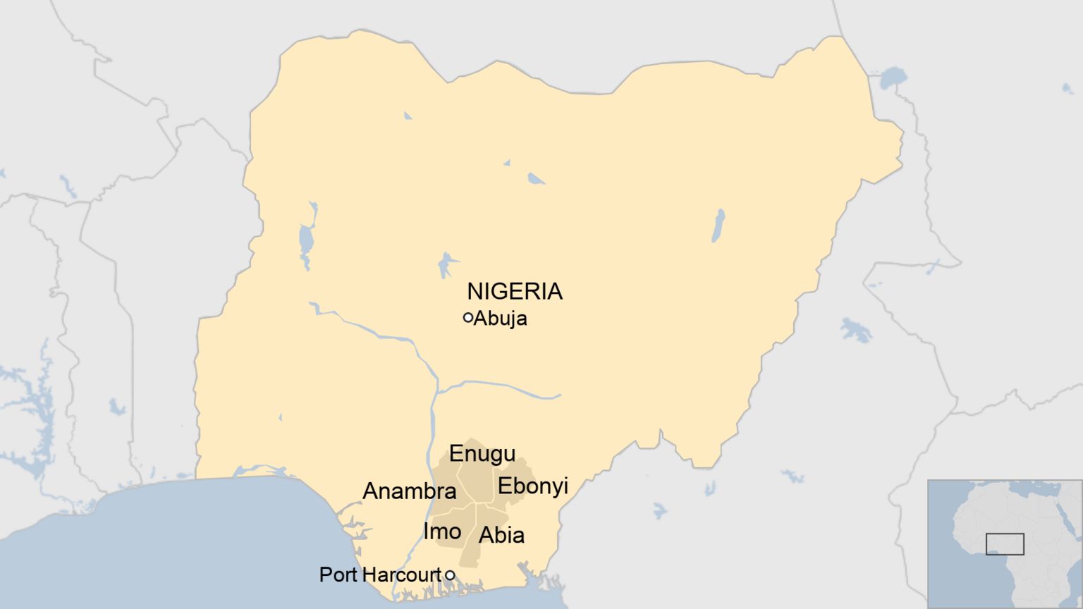 Map of Nigeria showing south-east