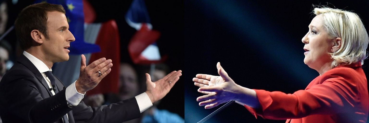 This combination of file pictures created on April 24, 2017, in Paris shows French presidential election candidate for the En Marche ! movement Emmanuel Macron (L) gesturing as he delivers a speech during a campaign meeting in Nantes, on April 19, 2017 and French presidential election candidate for the far-right Front National (FN) party Marine Le Pen speaking during a campaign rally