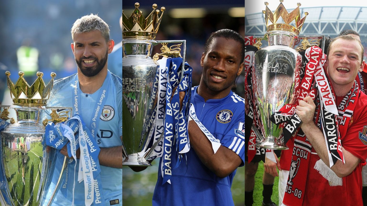 Sergio Aguero, Didier Drogba and Wayne Rooney with the Premier League trophy