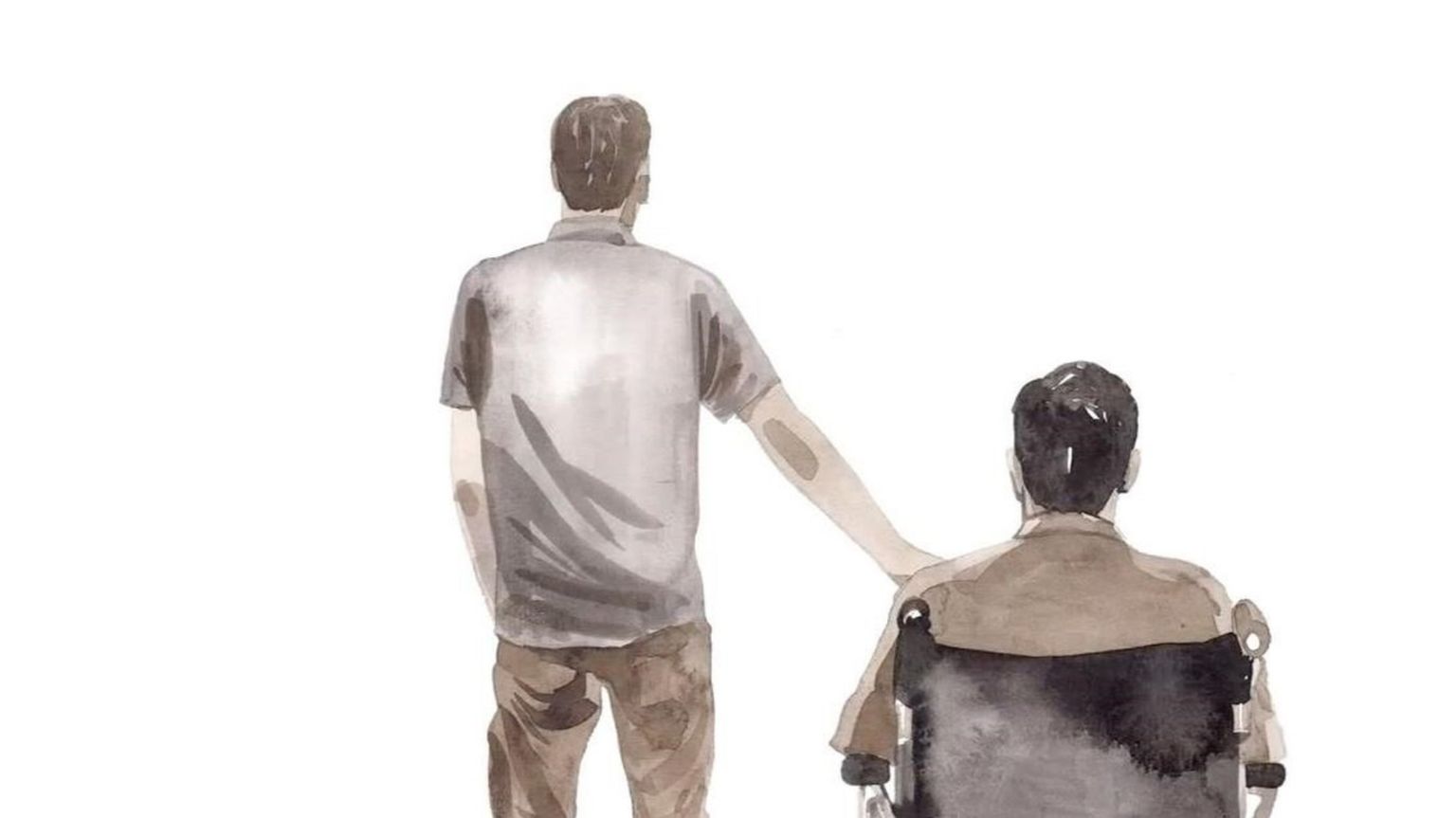 An illustration of a man in in wheelchair next to a man standing with his hand on the shoulder of the disabled man.