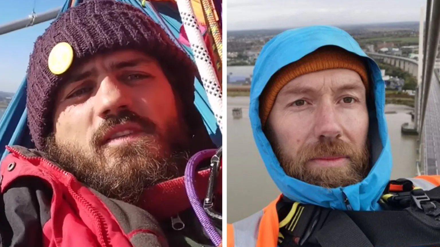 The image shows two men in side-by-side photos, both wearing winter clothing and appearing to be at height. The left photo shows a bearded man in a red jacket and purple knit hat with a button, seemingly on a structure with sky visible behind him. The right photo shows another bearded man wearing a blue hood over an orange high-visibility vest, with an aerial view of roads and buildings visible in the background.