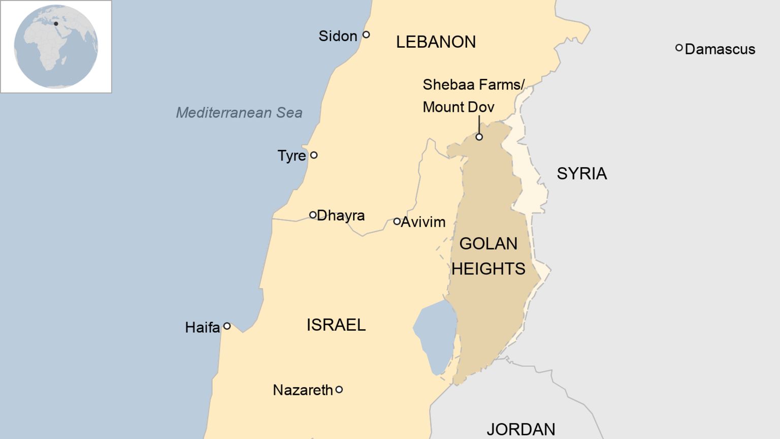 Карта с изображением Израиля, Ливана и Голанских высот
