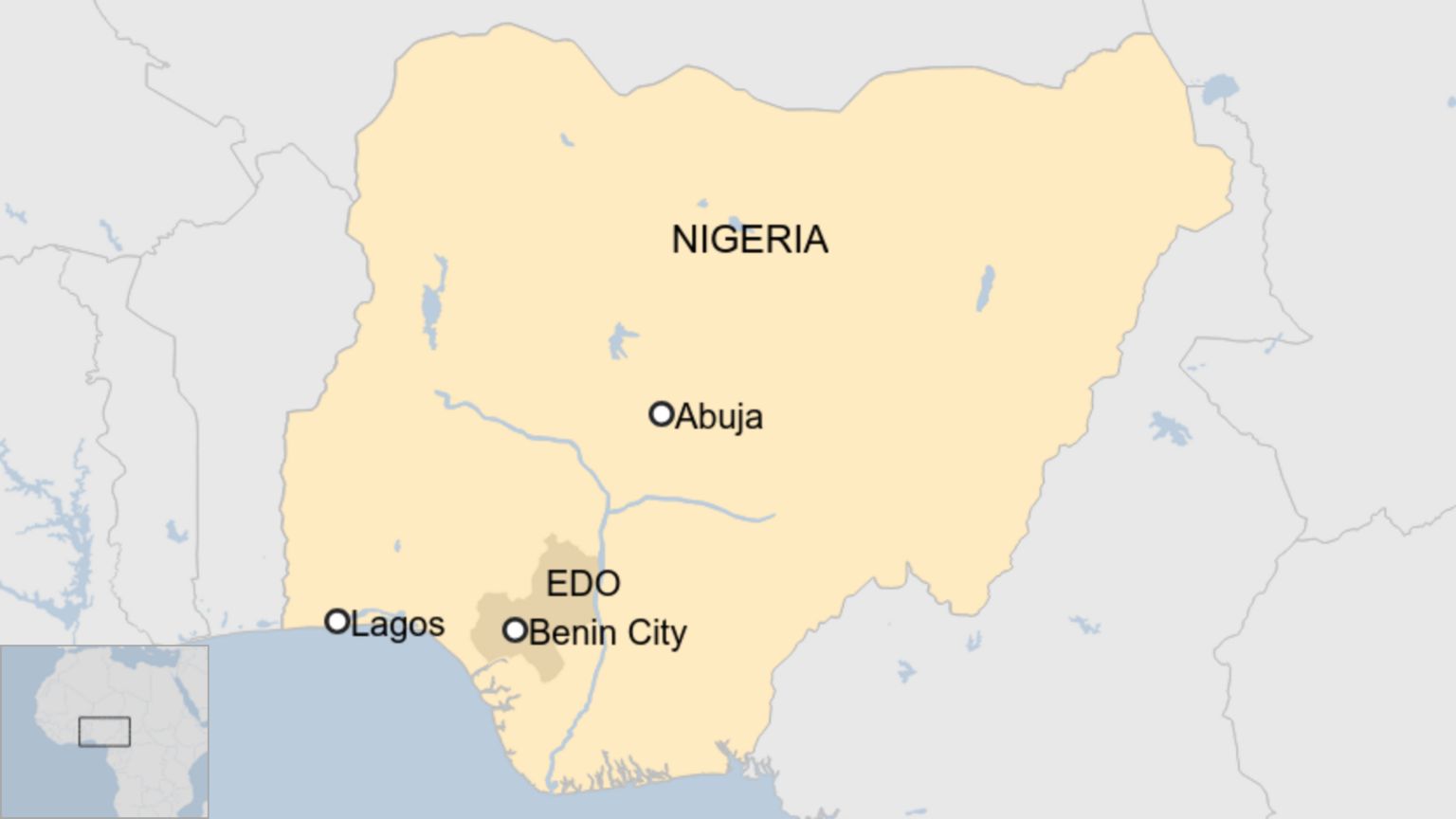 A map showing Nigeria and Benin City