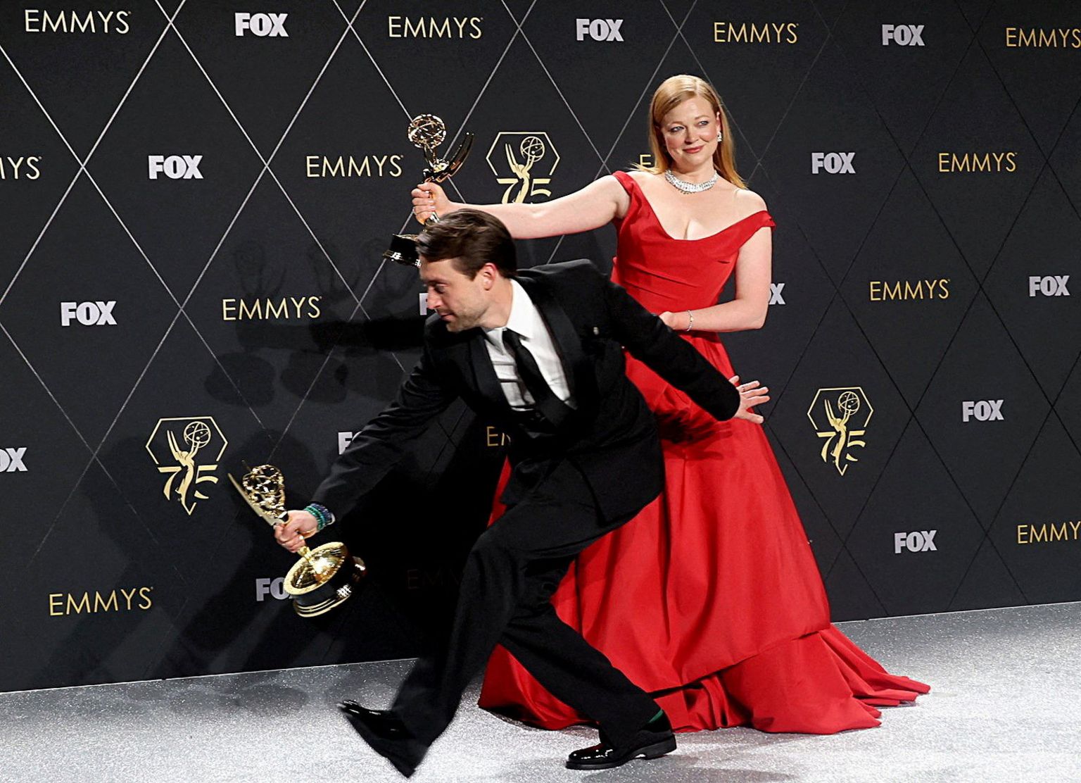 Sarah Snook and Kieran Culkin pose together at the Emmy Awards in Los Angeles, California