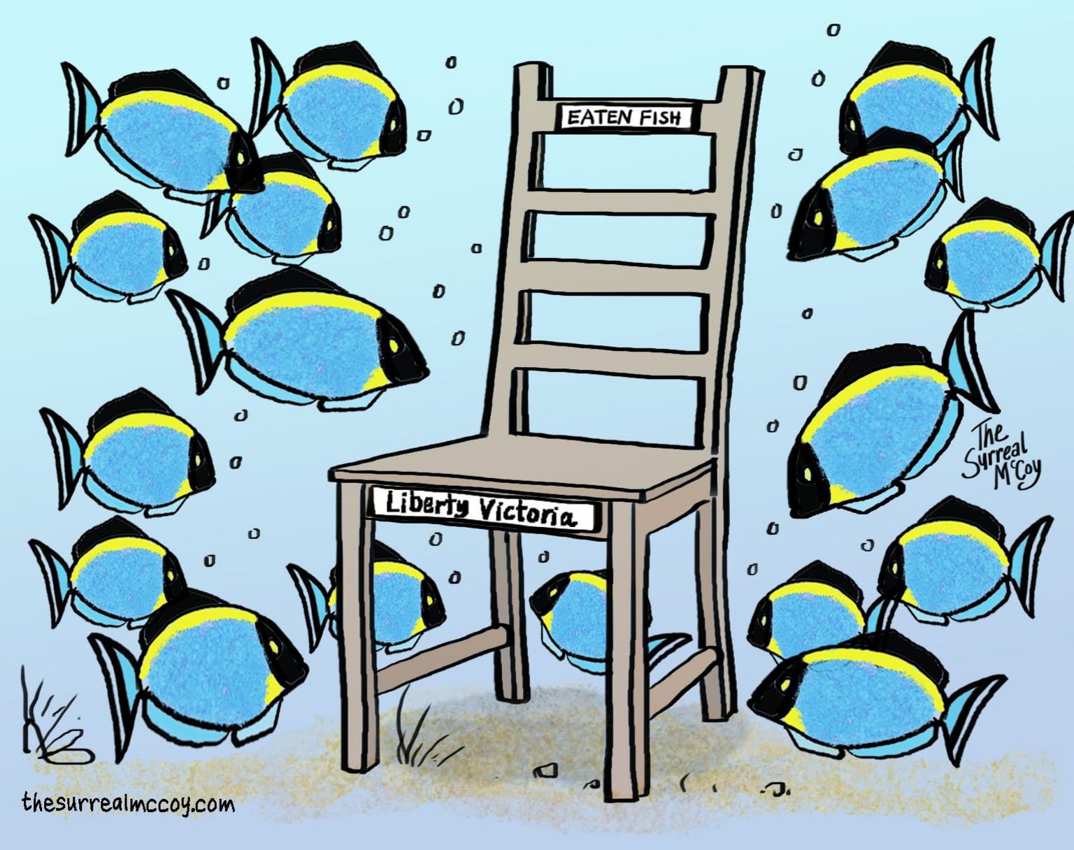 Cartoon showing fishes around an empty chair