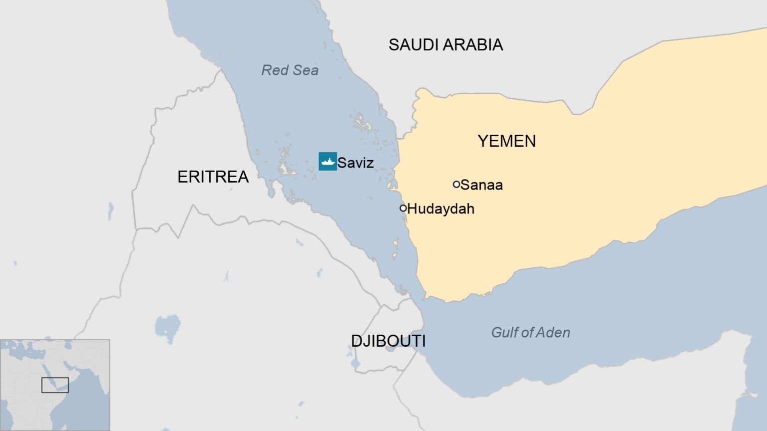Map showing Yemen and location of MV Saviz