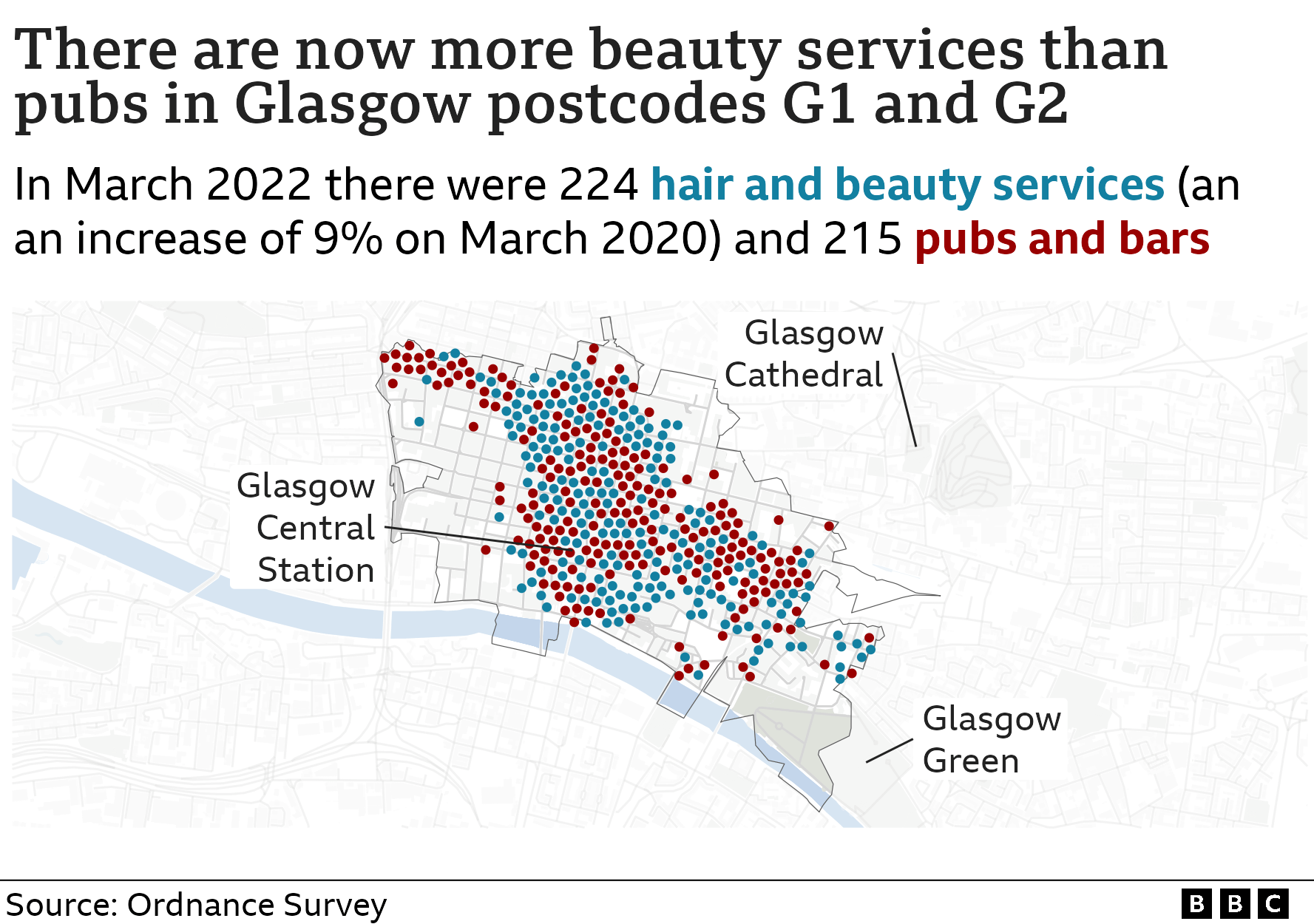 Map showing the location of hair and beauty services and pubs and bars in central glasgow