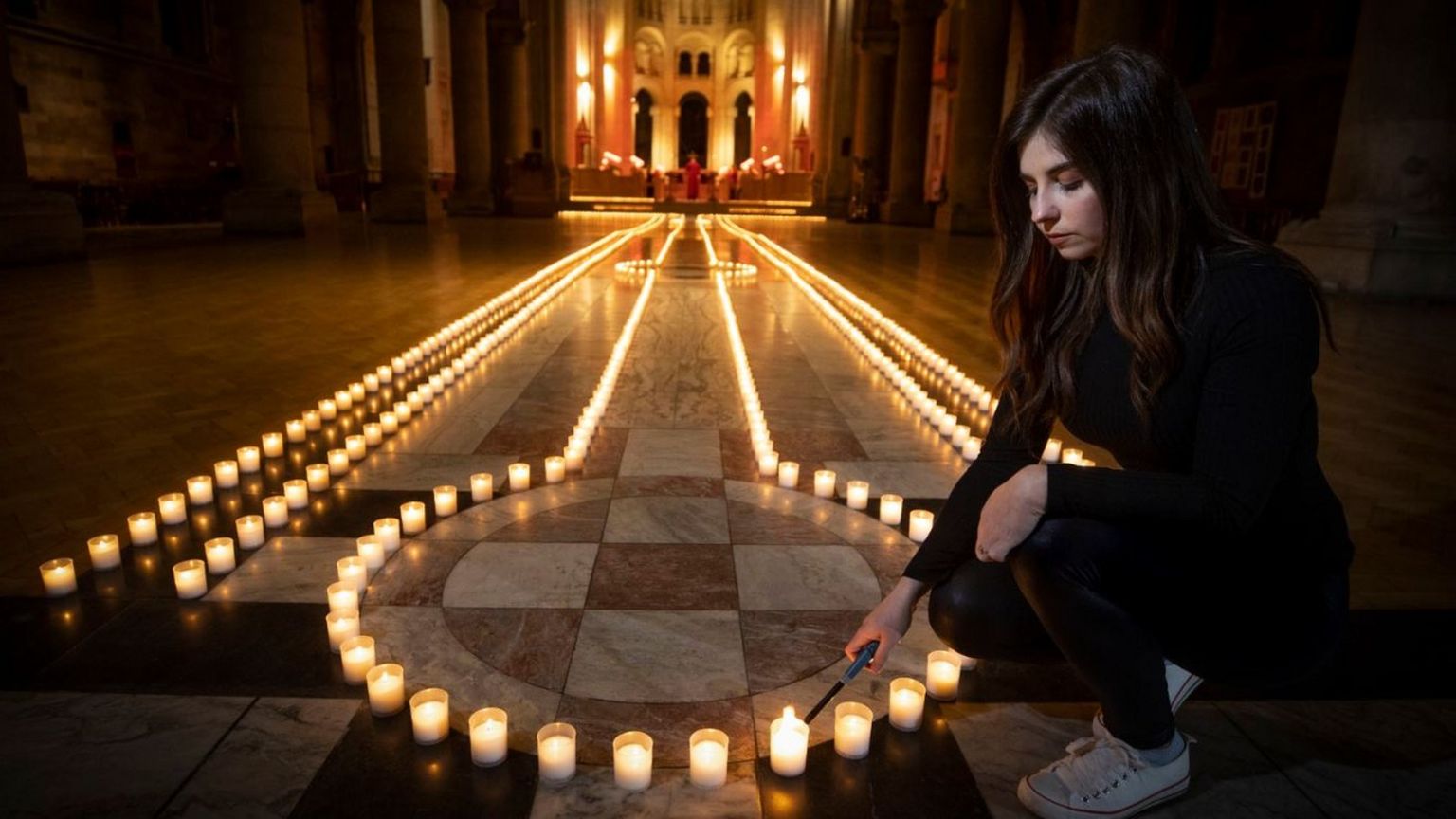 Holly Wilson, whose grandmother Ada Wilson passed away during the pandemic, lights a candle in Belfast Cathedral before a remembrance service in partnership with Marie Curie for their National Day of Reflection.