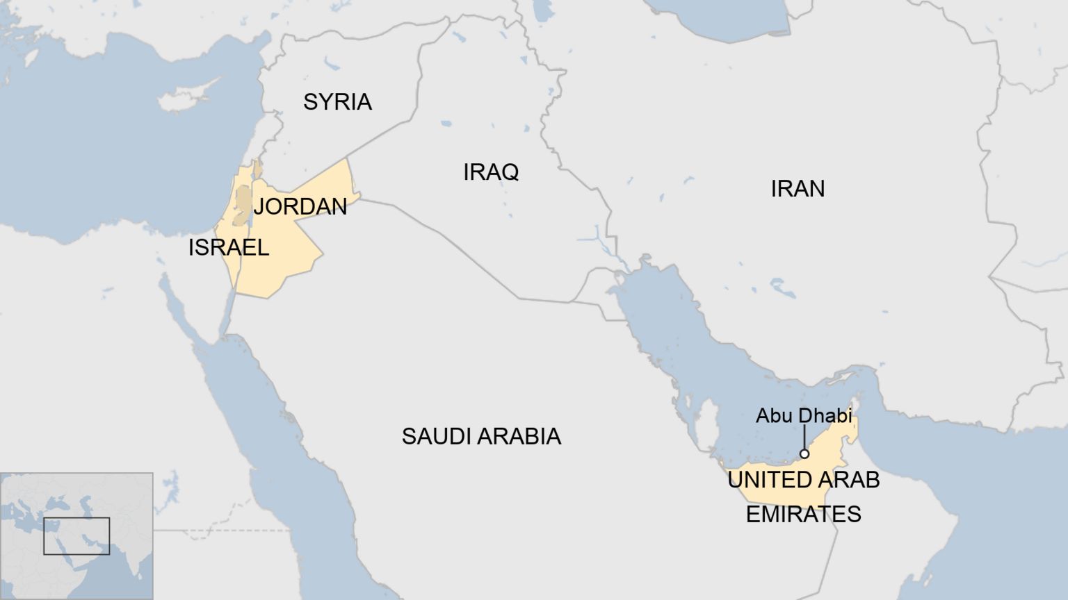 خريطة توضح مواقع إسرائيل والأردن والإمارات