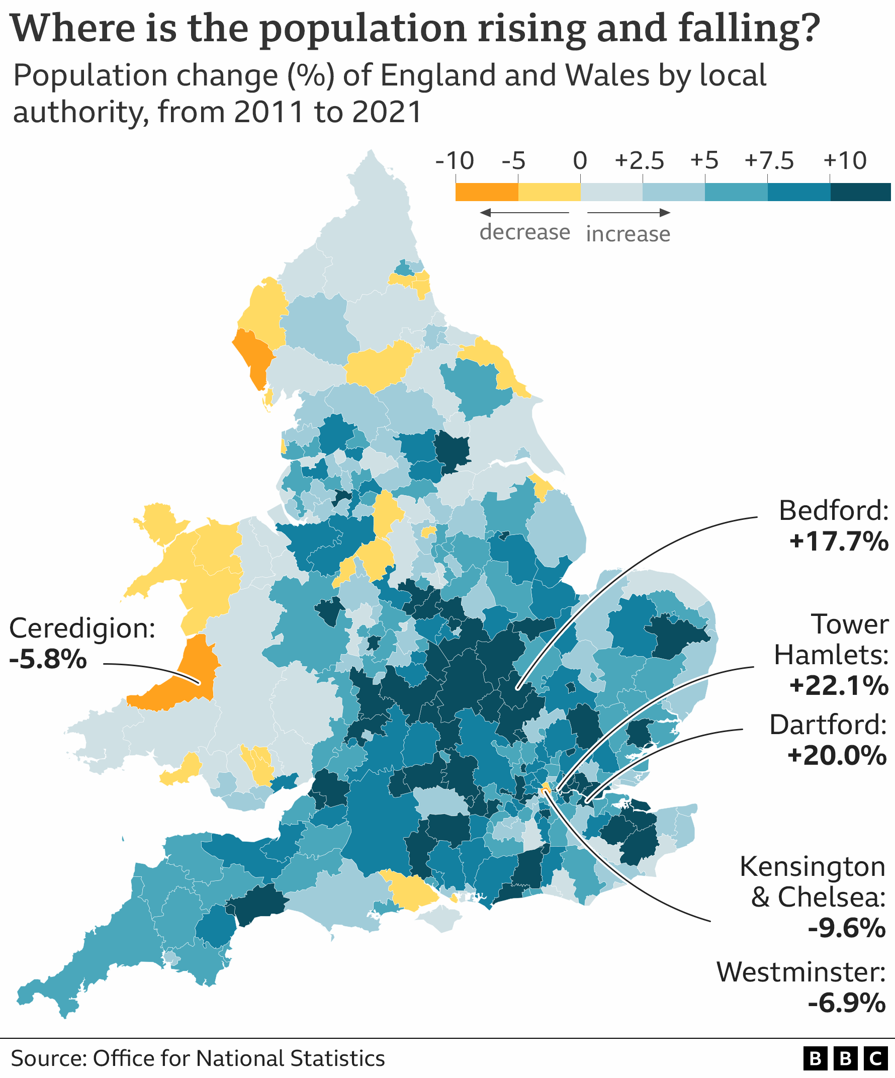 Map showing population change in areas of England and Wales between 2011 and 2021