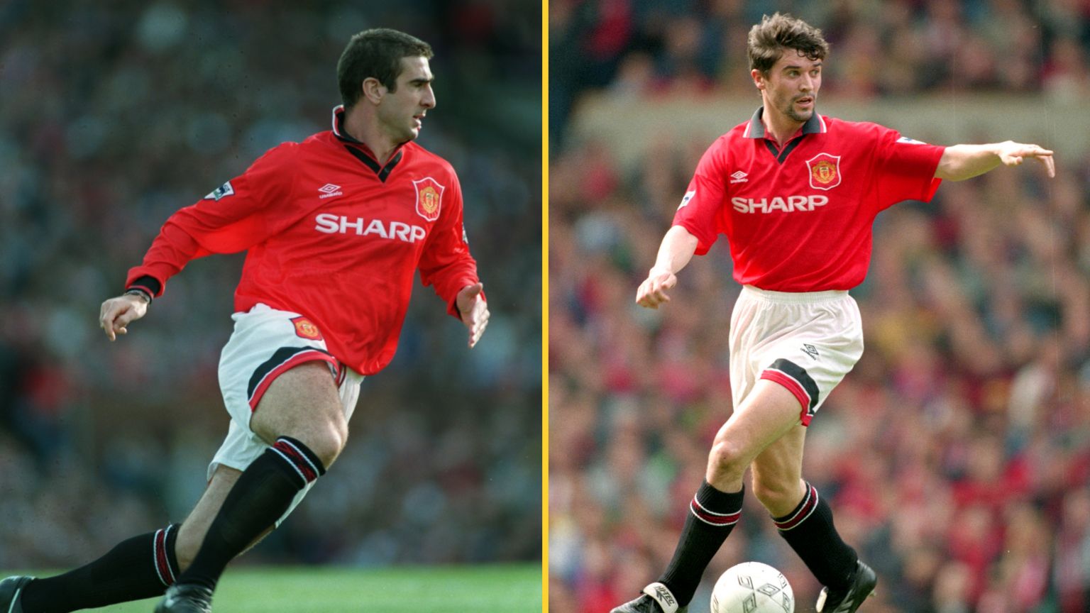 Former Manchester United players Eric Cantona and Roy Keane