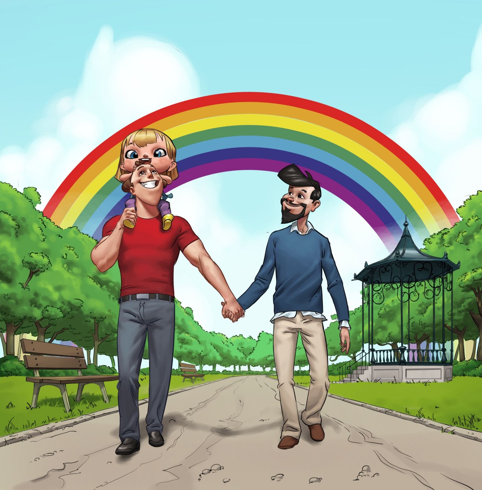 Image of two men holding hands from Rainbow Families book