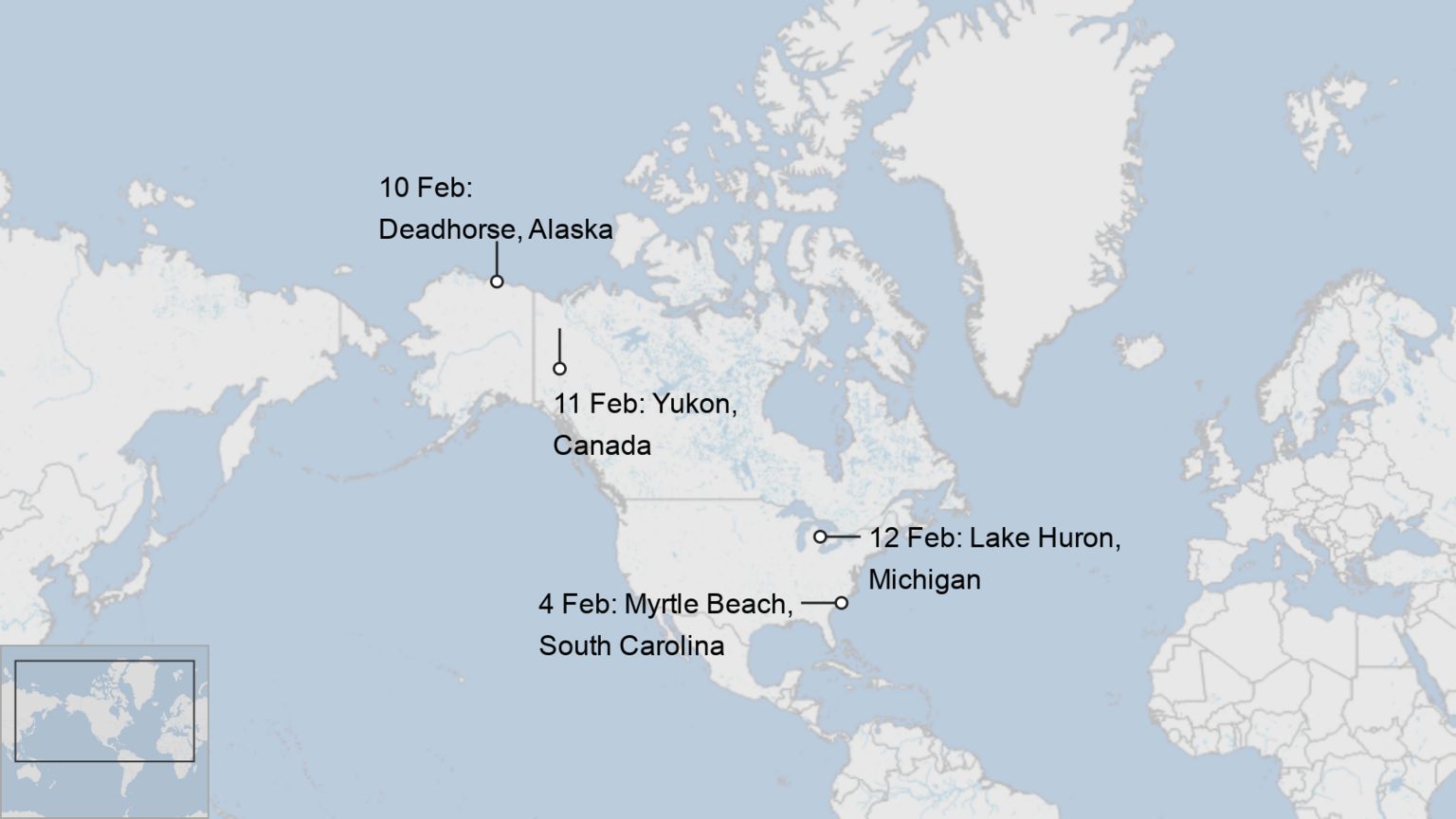 map showing objects shot down over North American airspace