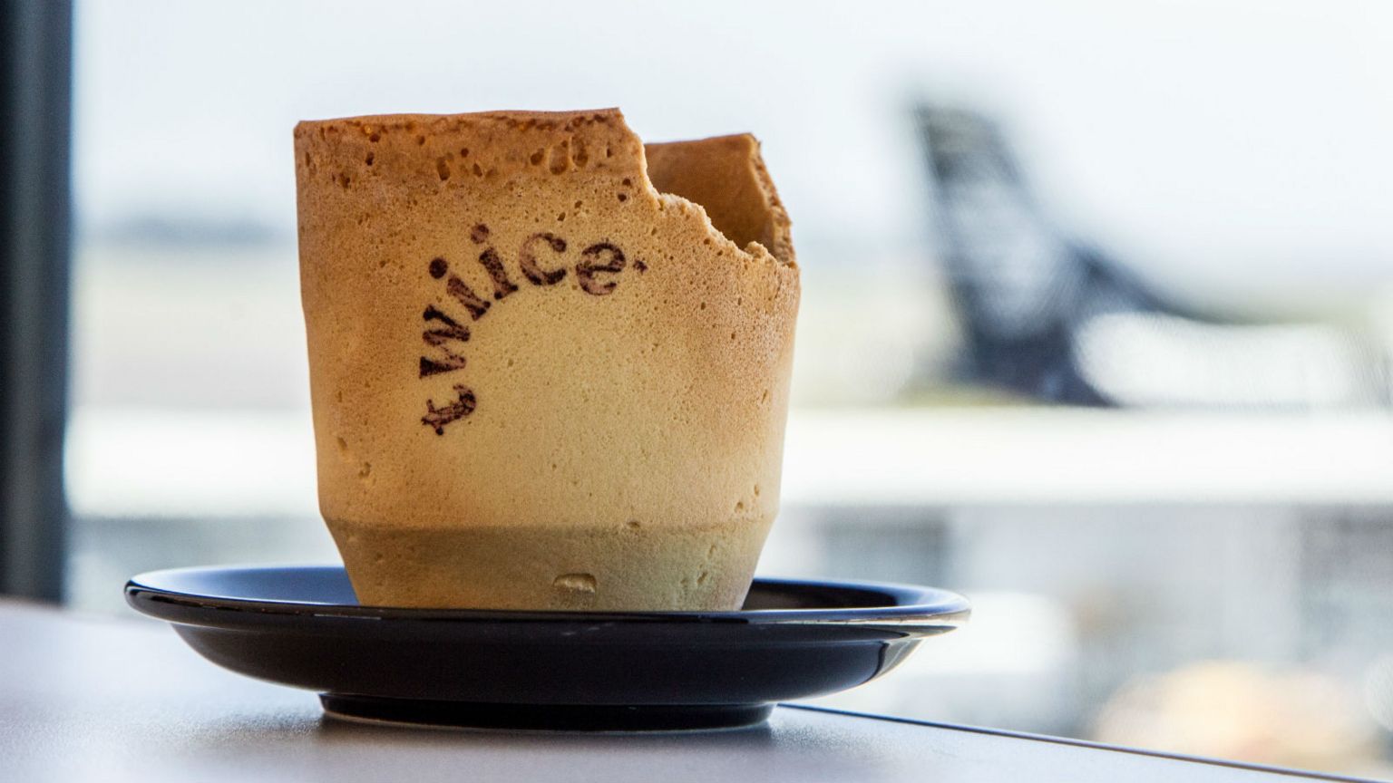 An edible coffee cup is pictured in a handout image from Air New Zealand
