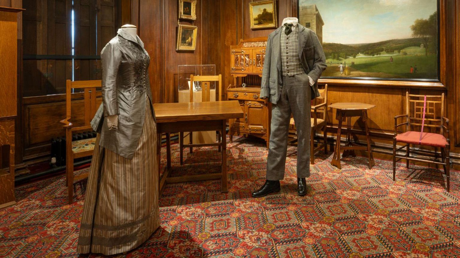 A Victorian taffeta bodice and skirt and a gentleman's three piece suit from the American Civil War era
