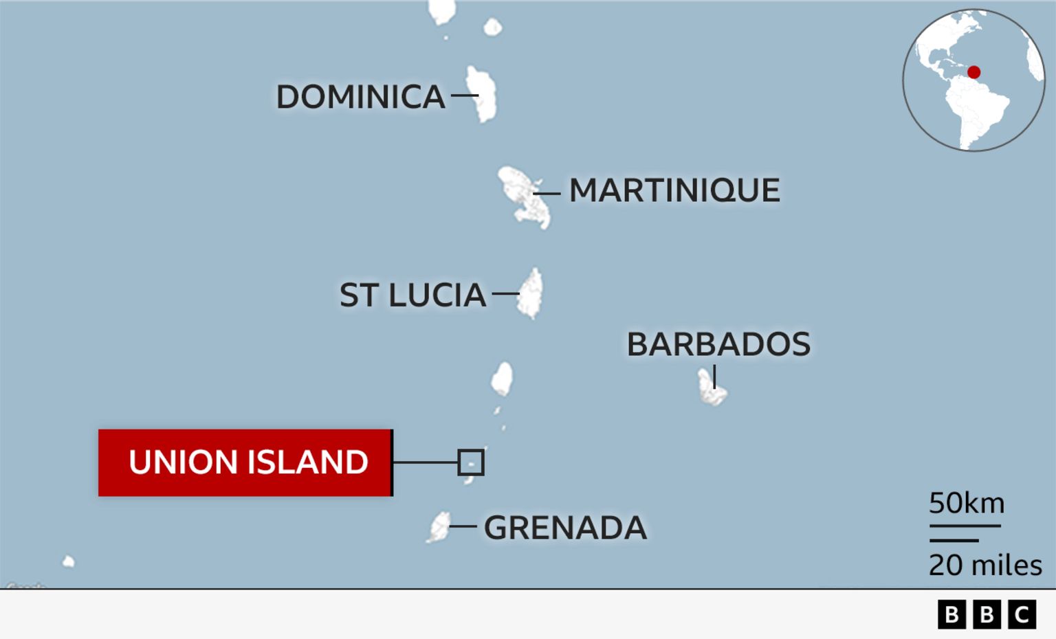 Map of the Caribbean showing Union Island and the surrounding islands