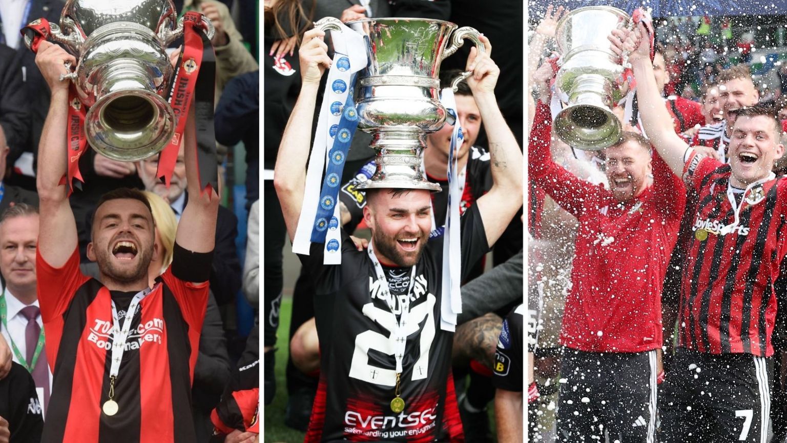 Three-way split image of Crusaders lifting the Irish Cup in 2019, 2022 and 2023