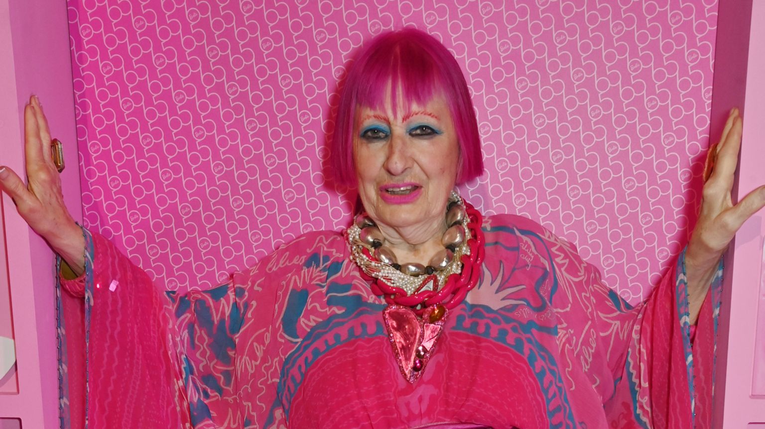 Zandra Rhodes wearing pink 