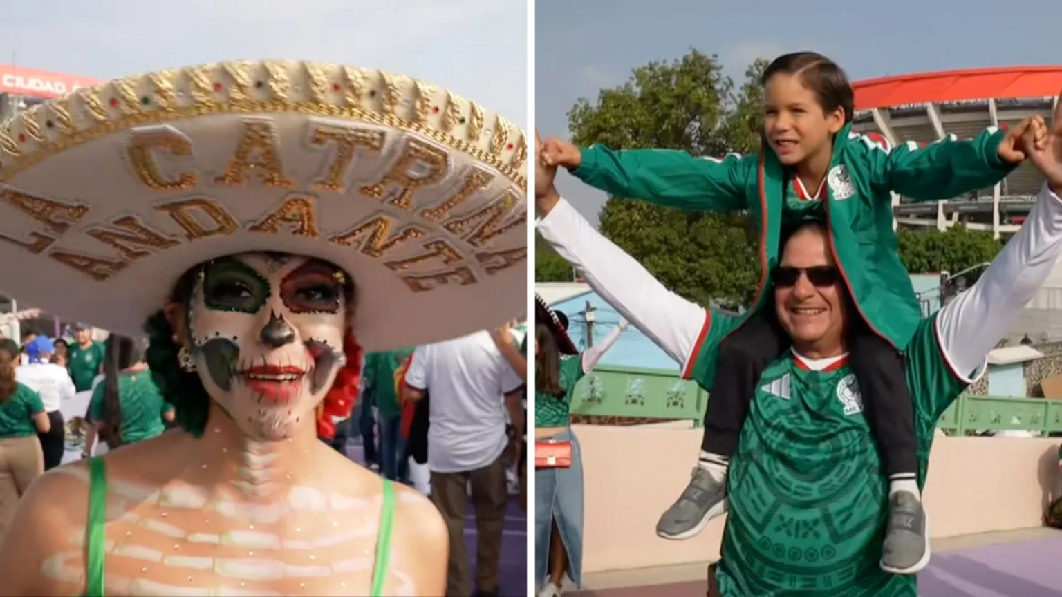 Split screen. Left, female with "La Catrina" costume. Right, male with boy on his sholders.
