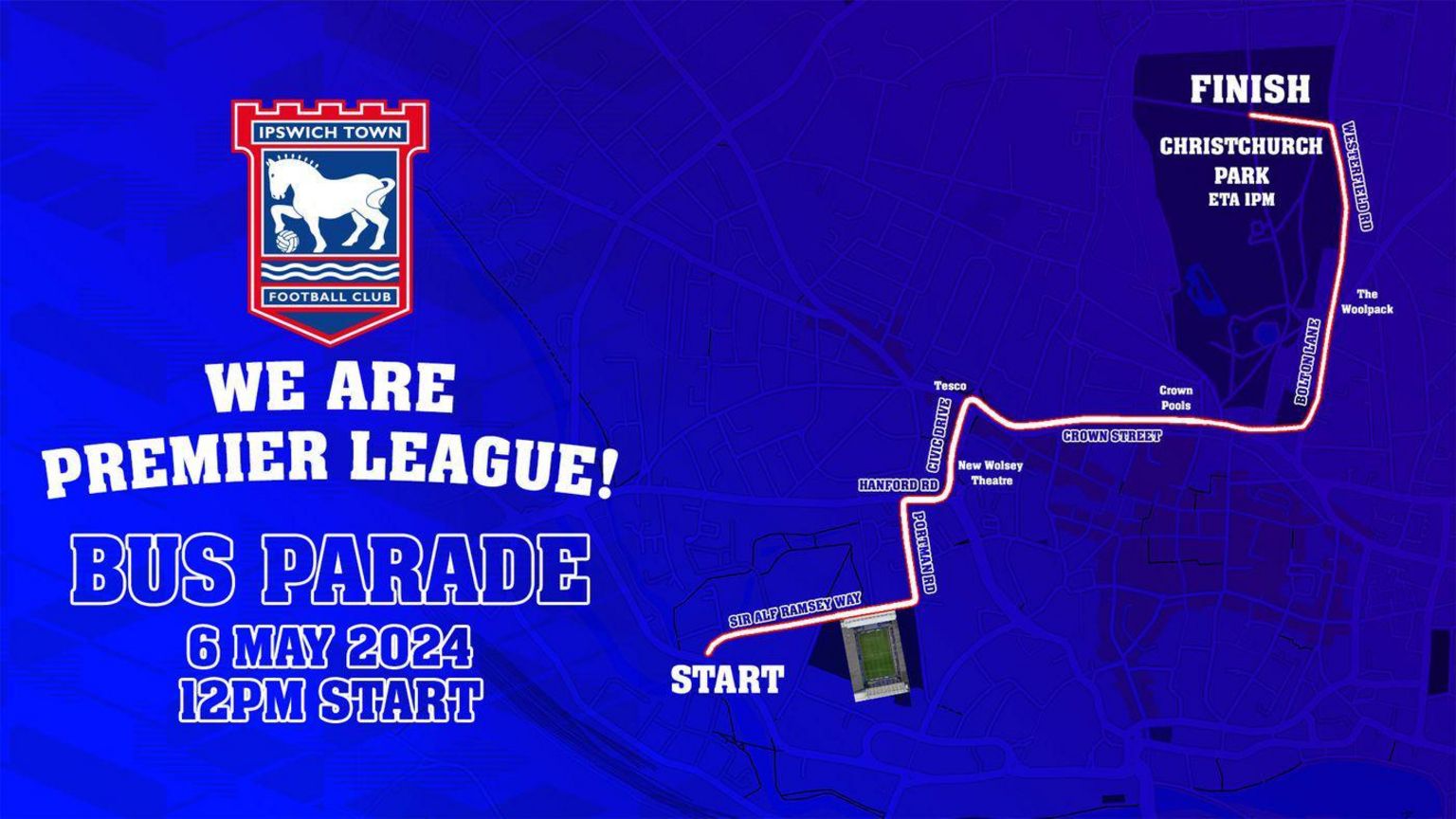 The route for the Ipswich Town Premier League celebratory parade