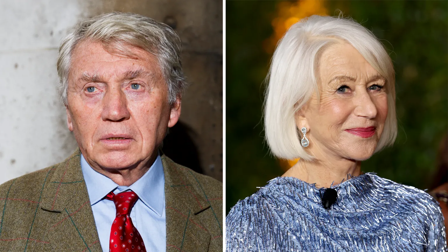 Getty Images Two side-by-side portrait photographs filling the frame. The left portrait shows McCullin wearing a brown checked jacket, light blue shirt, and red tie against a plain indoor background. The right portrait shows Mirren wearing a textured light blue top with drop earrings, set against a softly lit background with green and warm-toned colours.