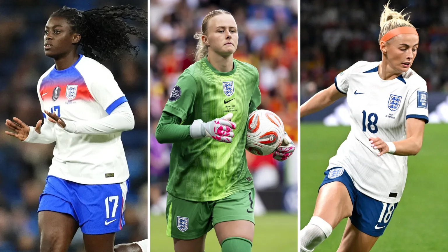 PA / EPA / Reuters Three football players in England kits arranged in vertical panels. Agyemang wears a white shirt with a red and blue chest band, running on the pitch. Hampton wears a green goalkeeper kit, holding a football with gloved hands. Kelly wears a white shirt and blue shorts, running with the ball during play.