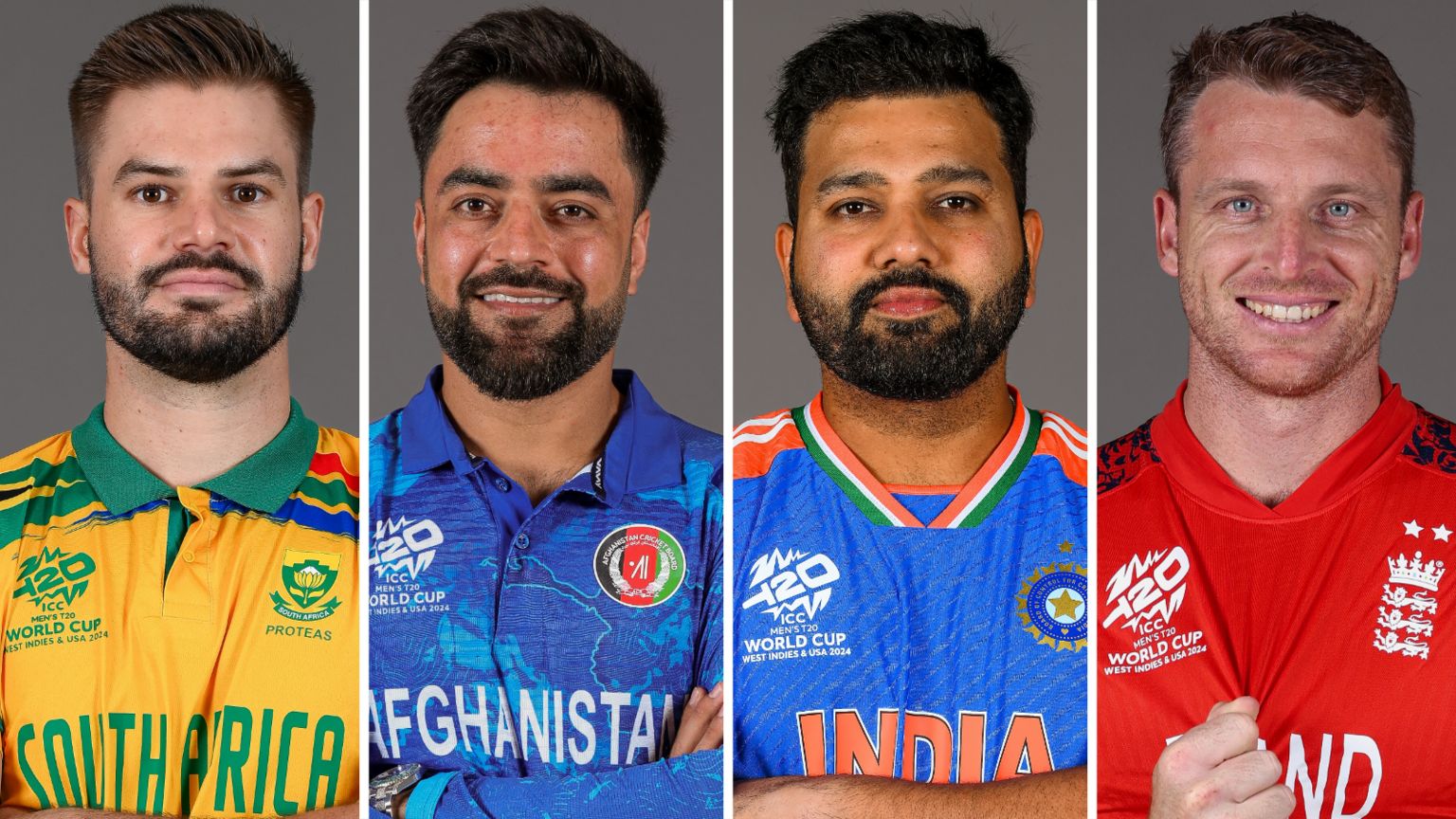 A divided schematic showing South Africa skipper Aiden Makram (left), Afghanistan skipper Rashid Khan (left centre), India skipper Rohit Sharma (right centre) and England skipper Jos Buttler (right))