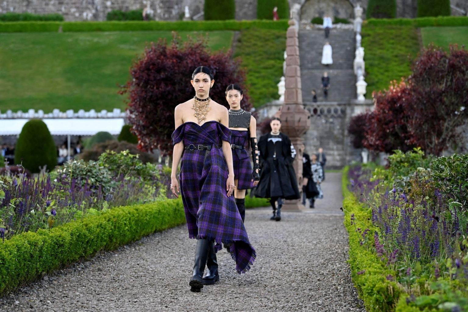 Dior catwalk at Drummond Gardens  - models wearing kilts