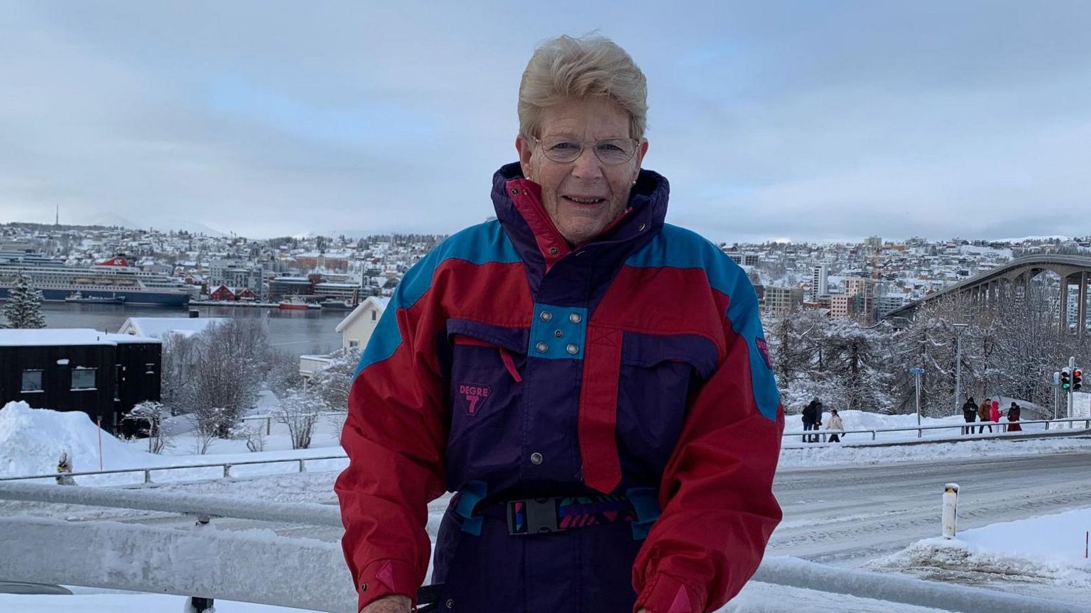 Sue Shapland in a snowsuit in snowy Norway