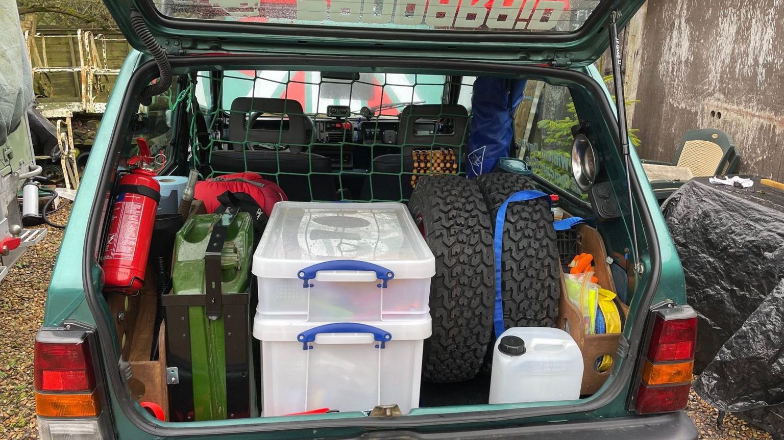 The boot of the Fiat Panda, with equipment inside