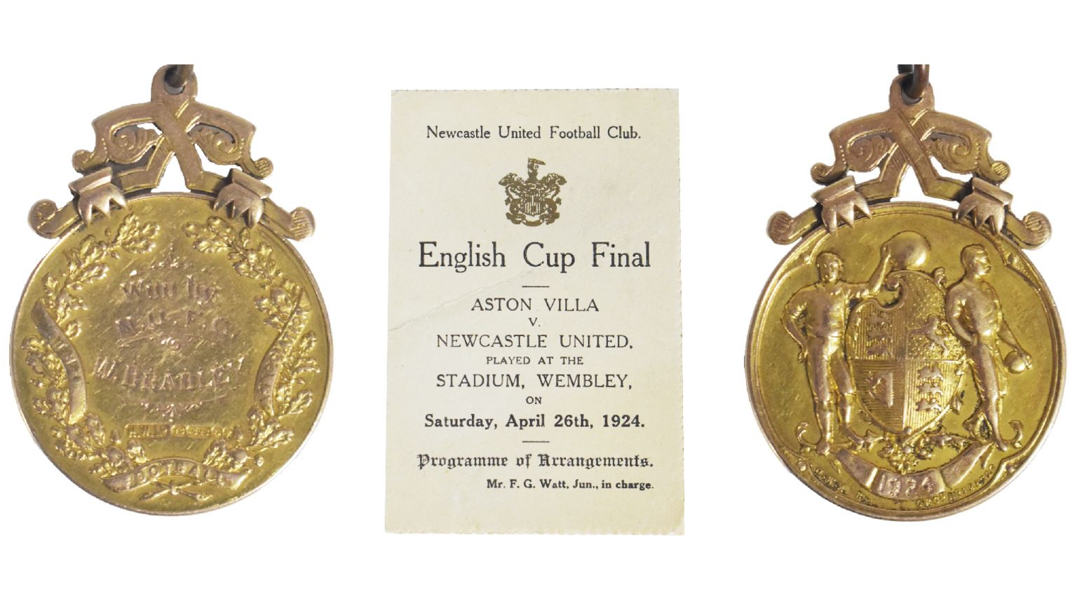 Two sides of goal medal, one showing two men holding footballs and a programme for 1924 FA Cup final
