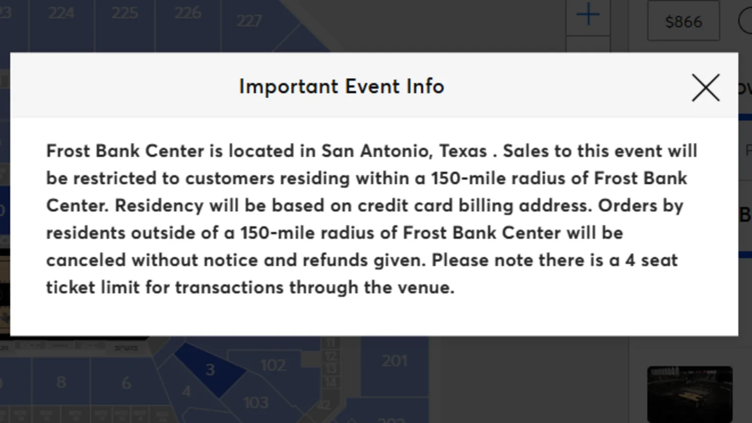 A note from the Ticketmaster site saying, in part, that 
