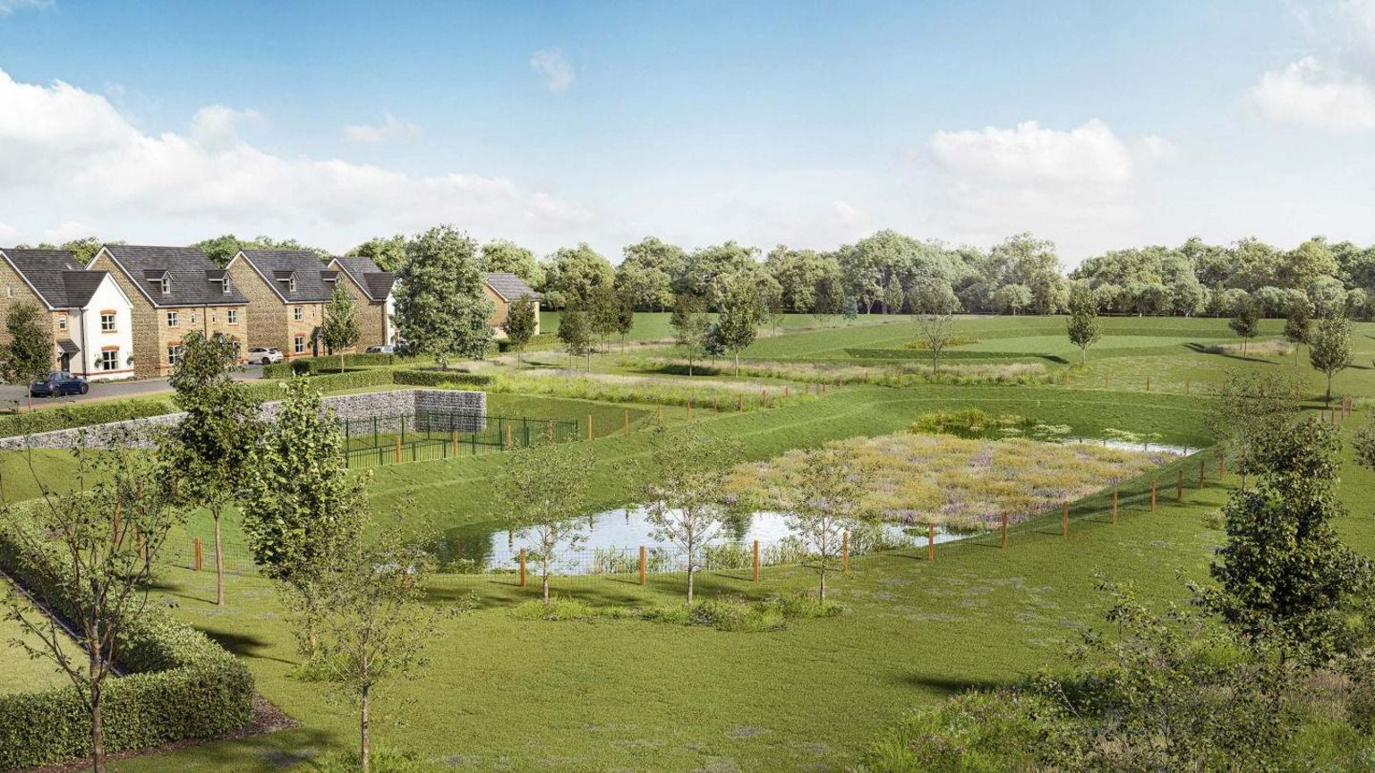 Artist impression of new homes with pond in the middle
