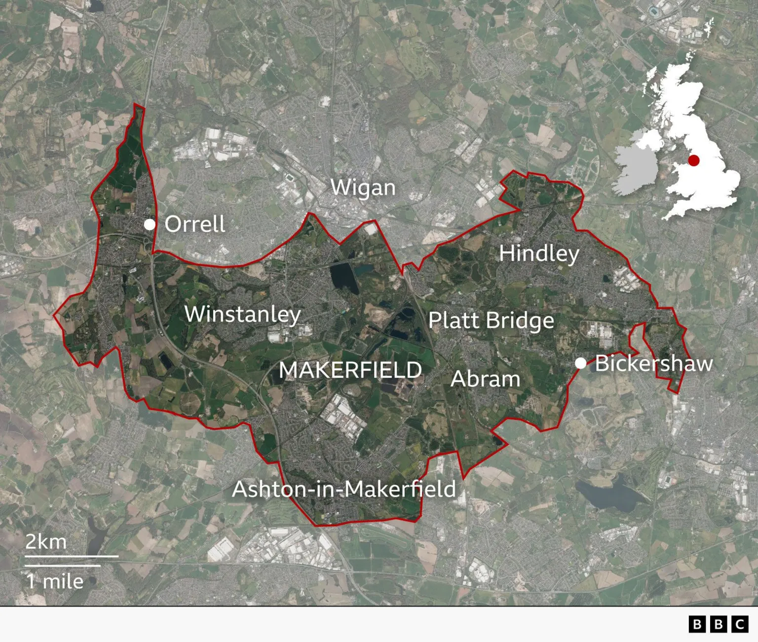 A graphic showing Makerfield and the key towns and villages within it.