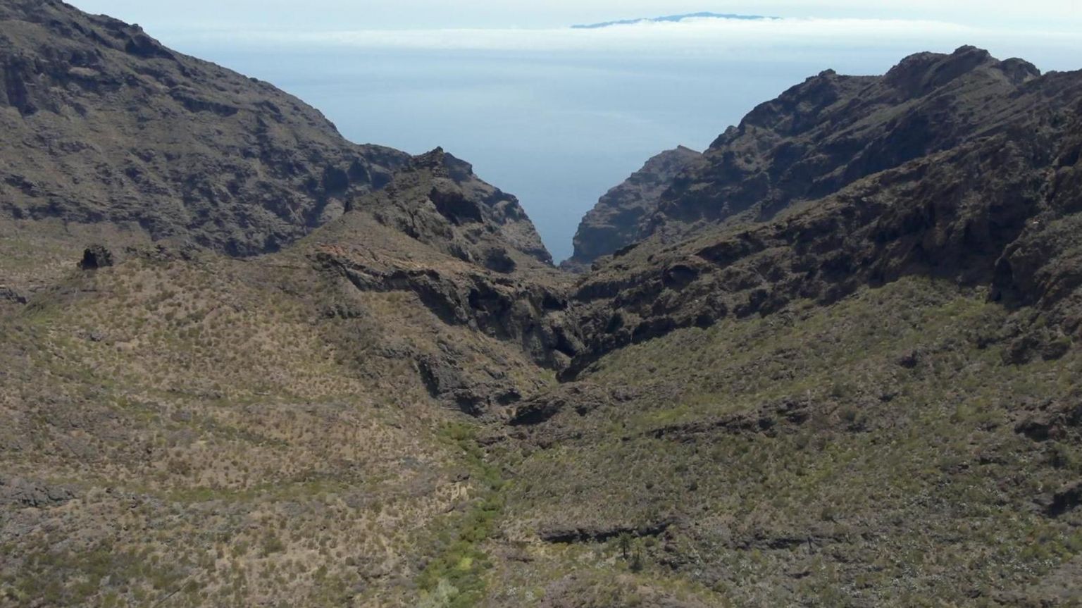 An aerial shot of a rocky ravine in Juan Lopez in northern Tenerife, where Mr Slater's body was found. It is a shot of coarse scrubland lined with cacti, with rocky mountains