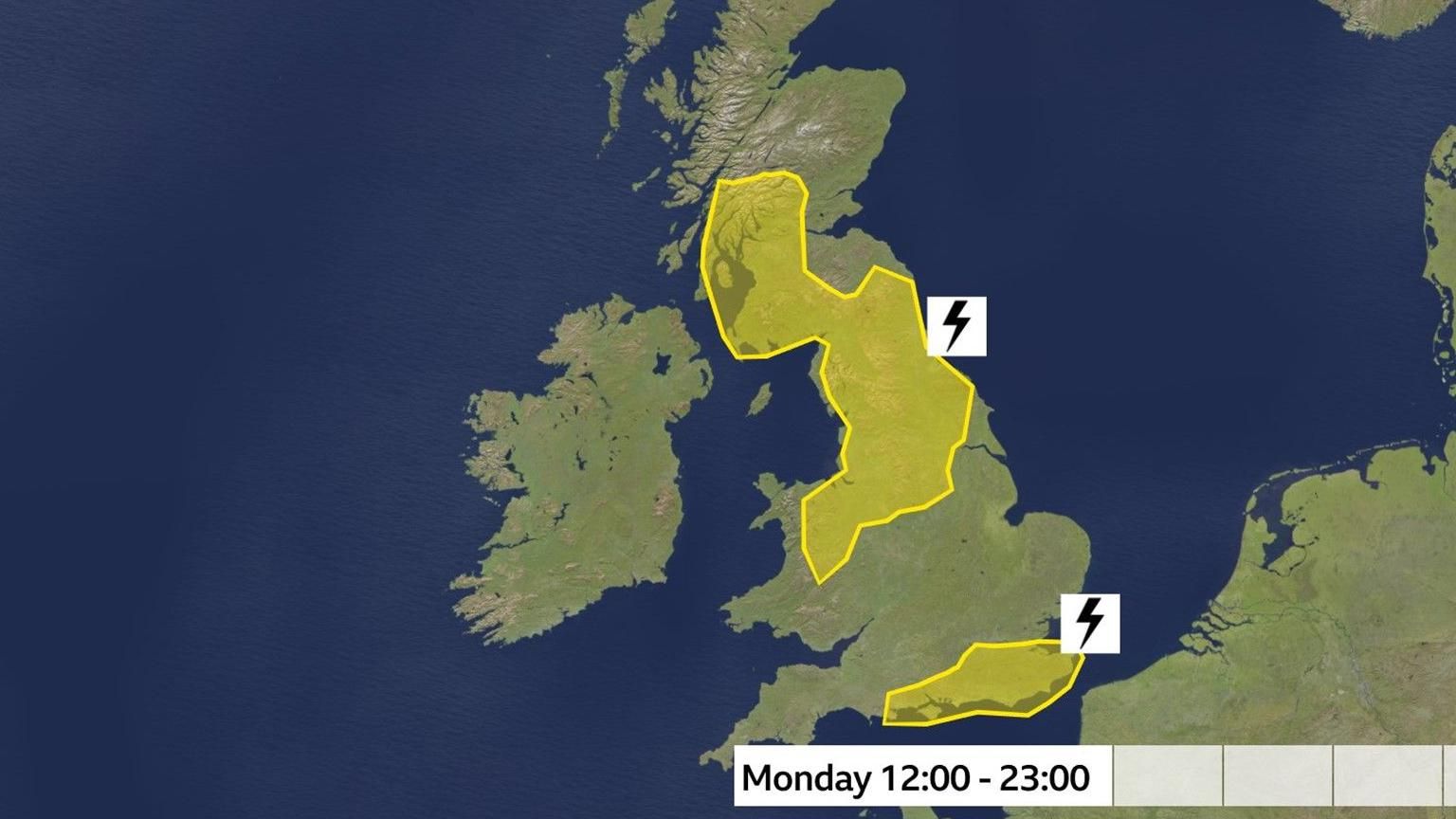 A weather map of the UK shows two Met Office weather alerts.