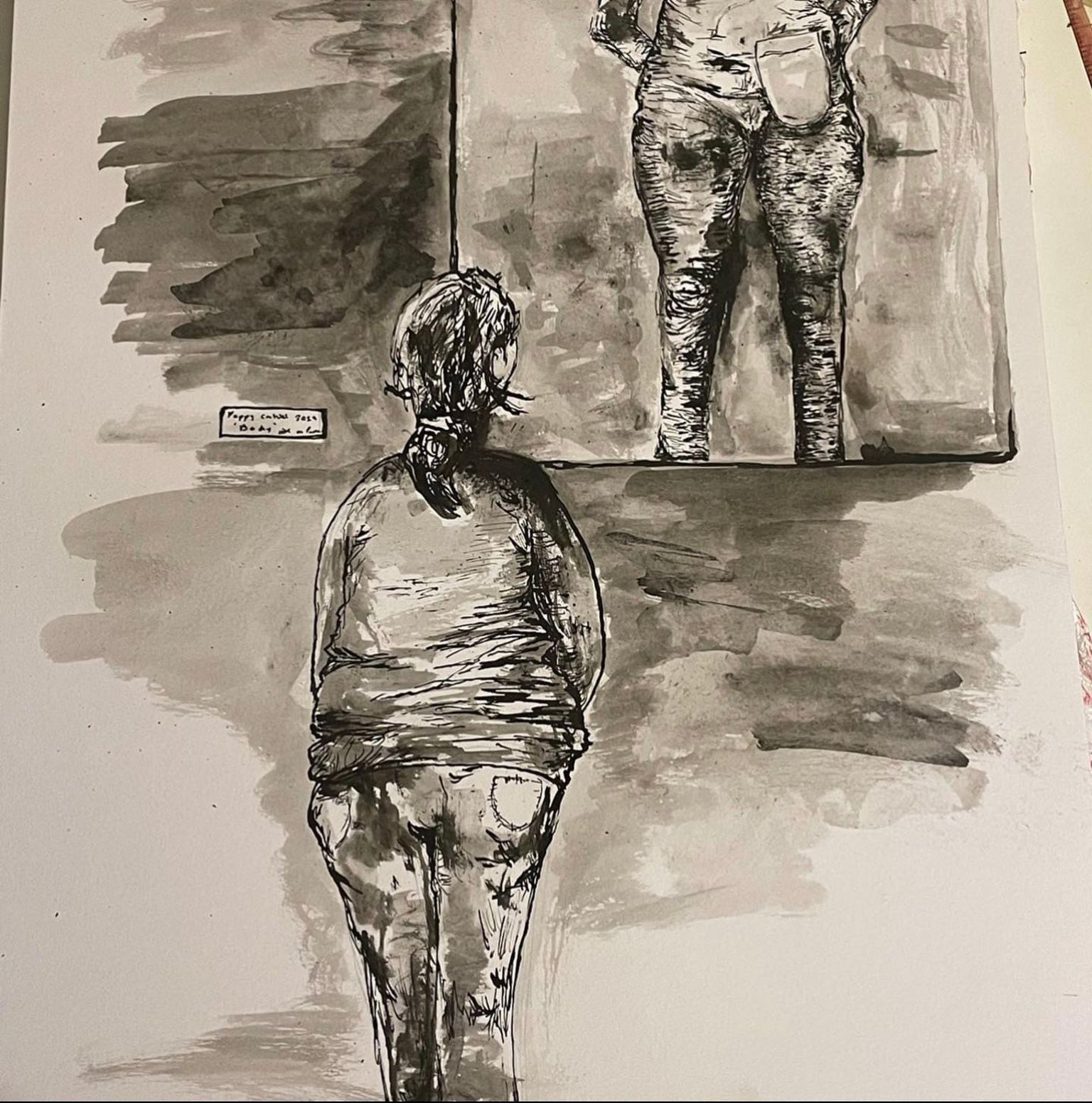 Black and white drawing of a clothed woman looking in the mirror and seeing her ostomy bag