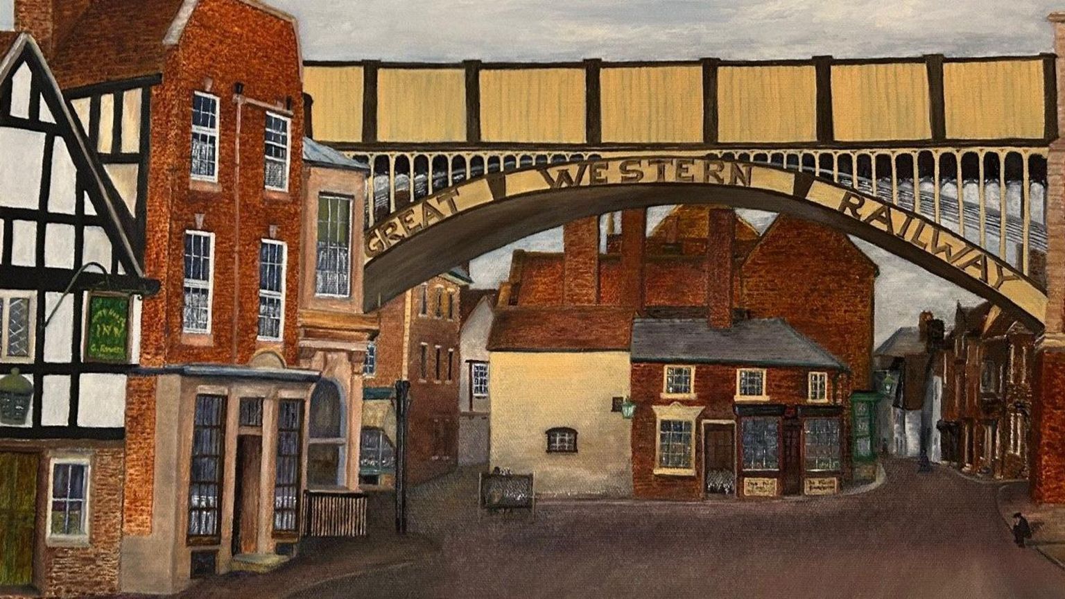 A painting of the centre of Shifnal with the railway bridge in the centre