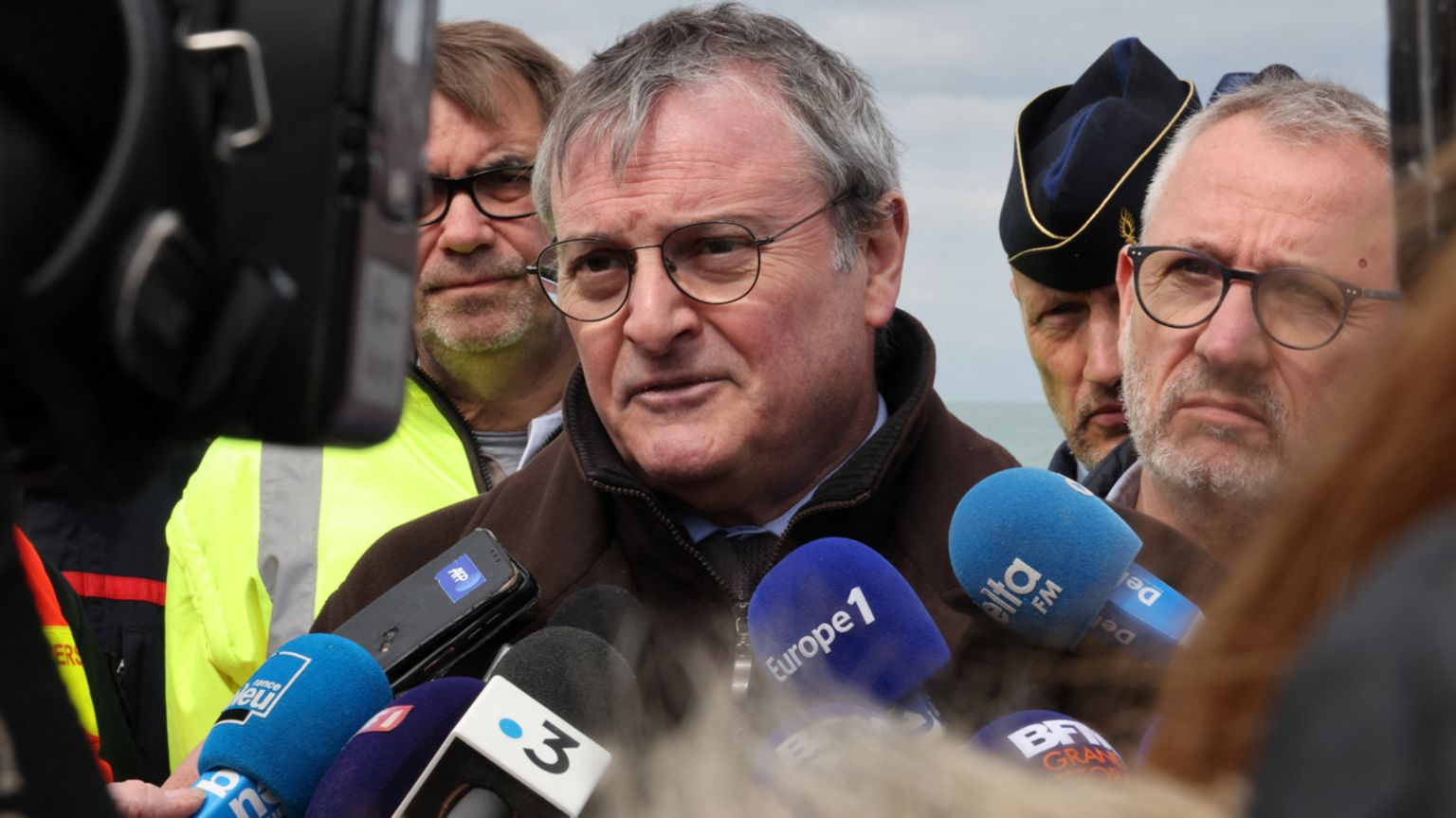 Prefect of Pas-de-Calais Jacques Billant addresses the press on the Wimereux dike in April 2023