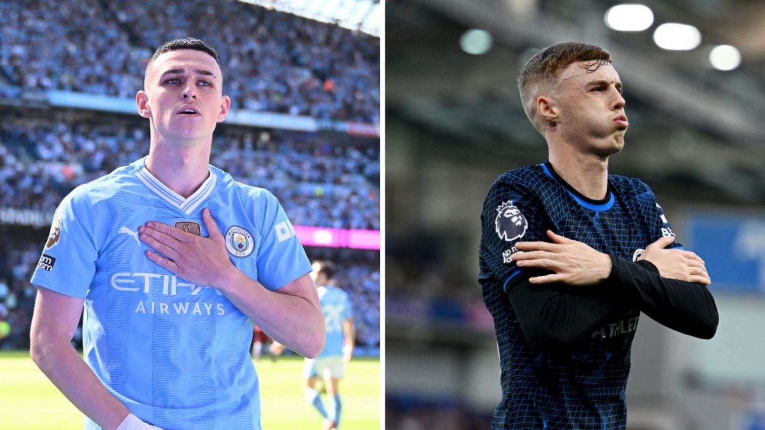 A split picture of Phil Foden and Cole Palmer celebrating