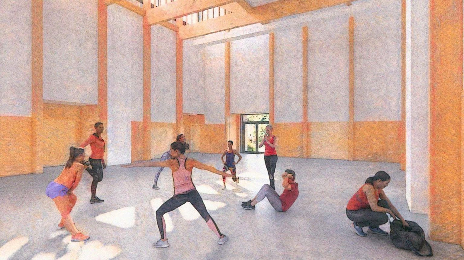 A graphic depicting people using the centre's hall for physical activity