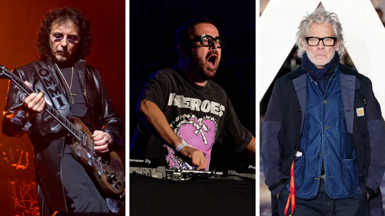 Reuters / Alamy / PA Three images arranged in vertical panels. The left panel shows Iommi playing an electric guitar on stage, wearing a dark jacket. The centre panel shows Jules operating DJ decks, wearing a black T-shirt. The right panel shows Fletcher in layered dark blue outerwear and glasses standing against a white background.