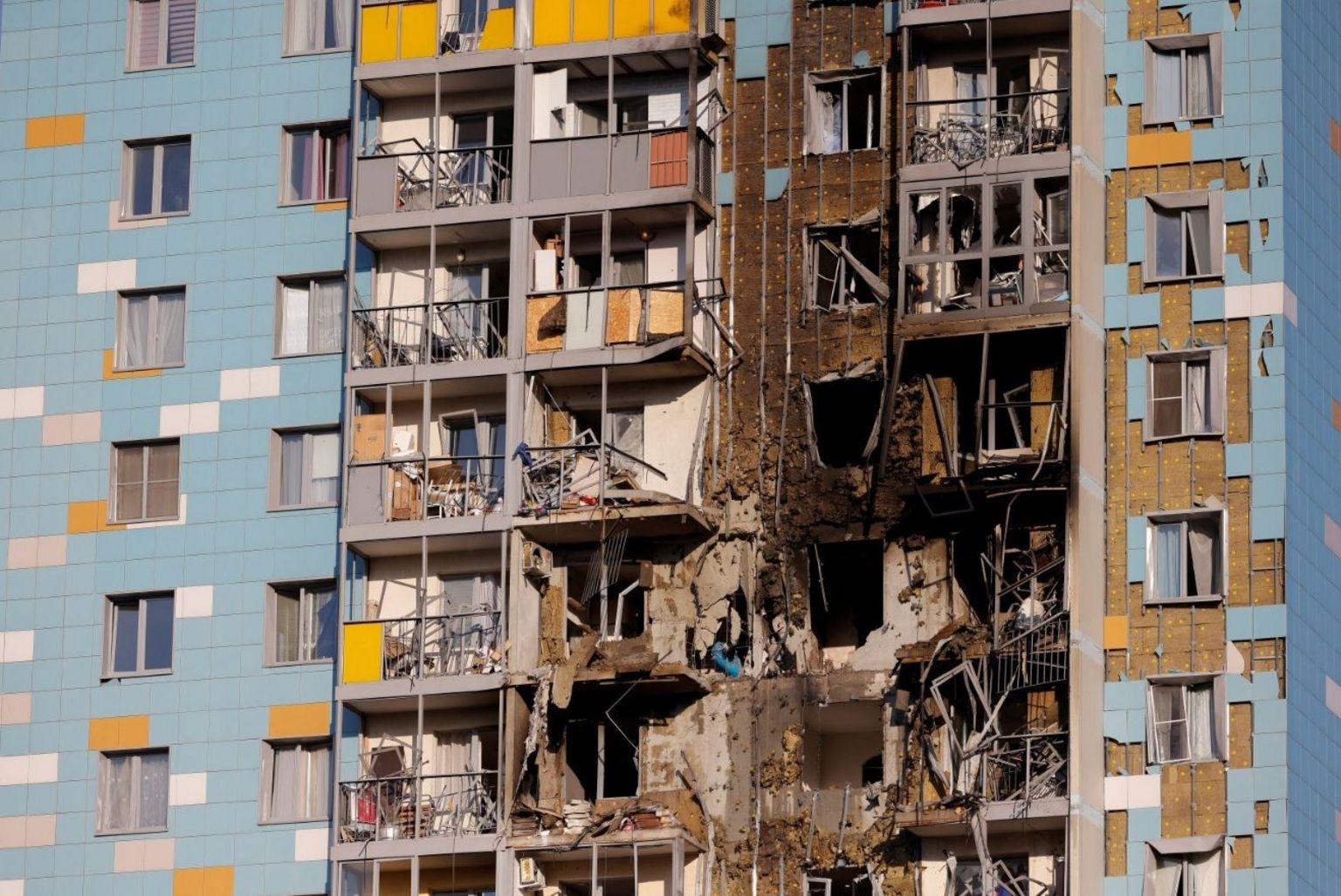 The outside of an apartment building in Moscow that was hit by Ukrainian drones