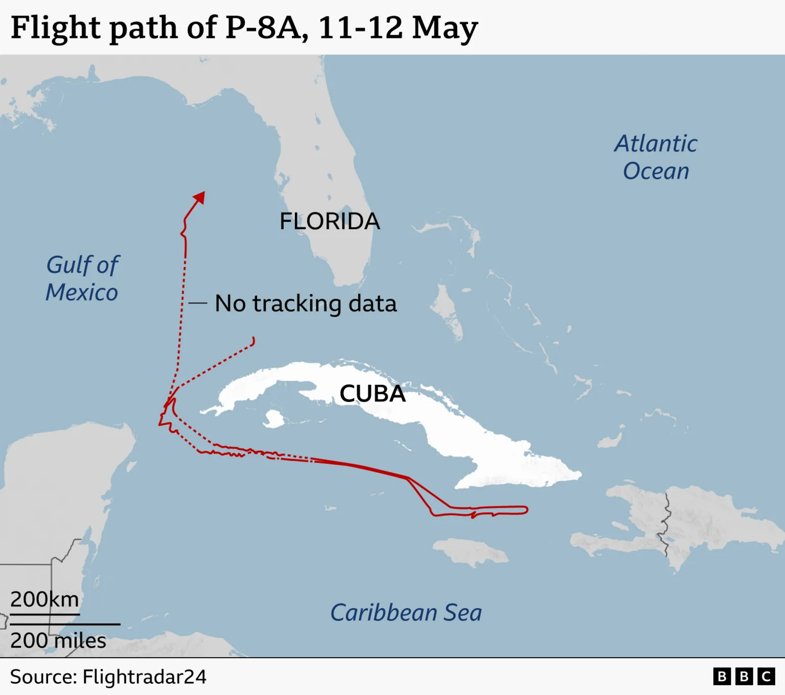 A map of Cuba, Florida and surrounding areas, a flight path of a P-8A Poseidon on 11-12 May. The aircraft flies eastwards in a flight path to the south of Cuba along its entire length, loops around on