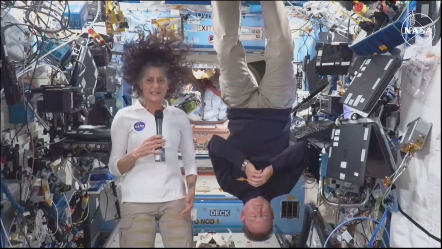 Butch Wilmore tipped upside down in zero gravity during the press conference while next to Suni Williams