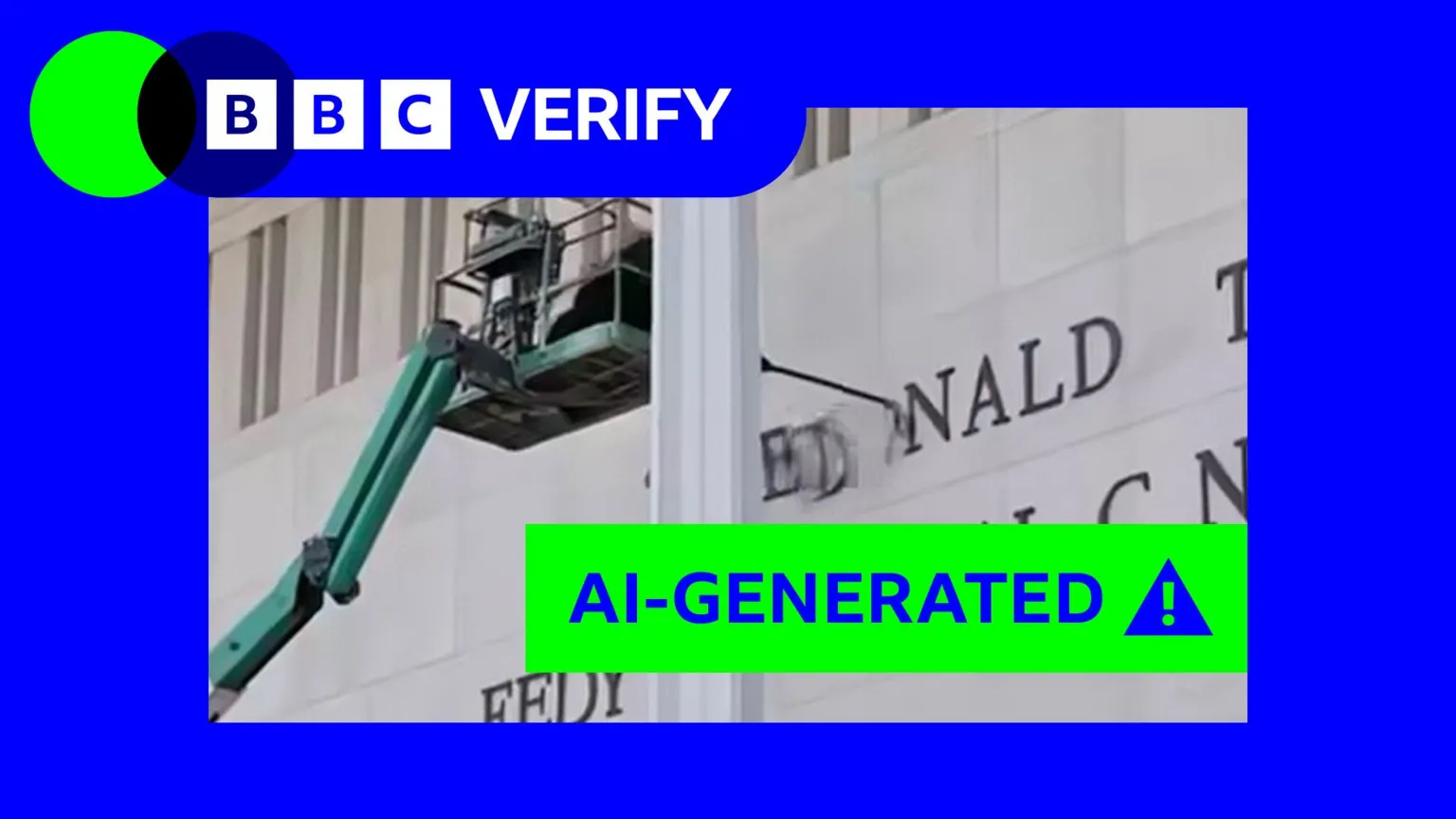 A crane removing the word "Donald" from the front of the Kennedy Center in Washington DC with an "AI-generated" over it.