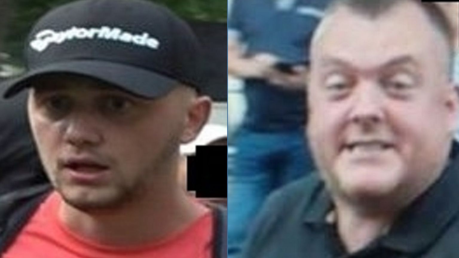 Images of two male suspects. The one on the left is wearing a black baseball cap, red t-shift and is unshavem. The man on the right is wearing a black polo shirt, has dark hair.