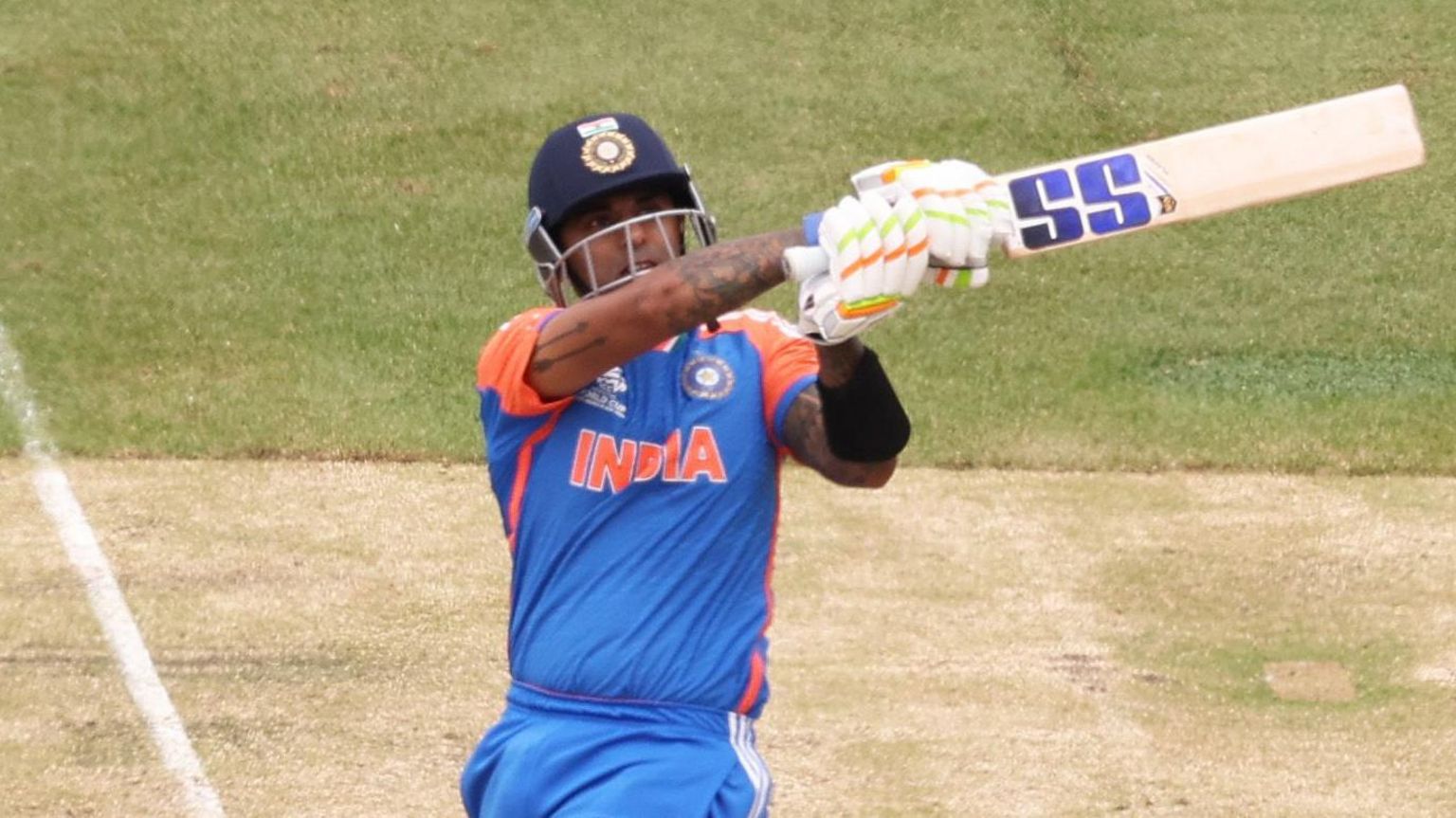 India batter Suryakumar Yadav pulls the ball to the boundary in New York