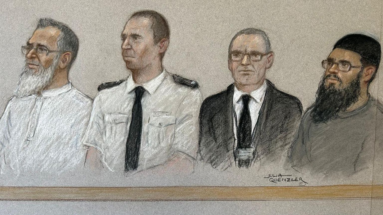 A courtroom sketch that shows Anjem Choudary, two police officers, and another man, Khaled Hussein