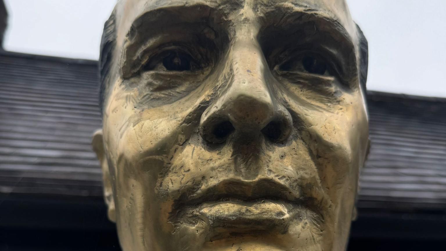 A close-up image of the face of the Sir George Dowty statue